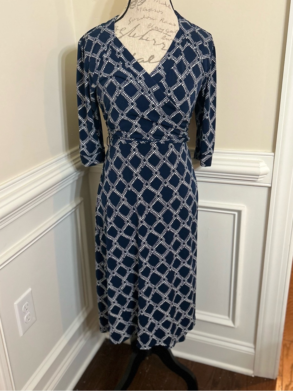 Merona Navy and White Geometric Wrap-Style Midi Dress - Picture 2 of 6